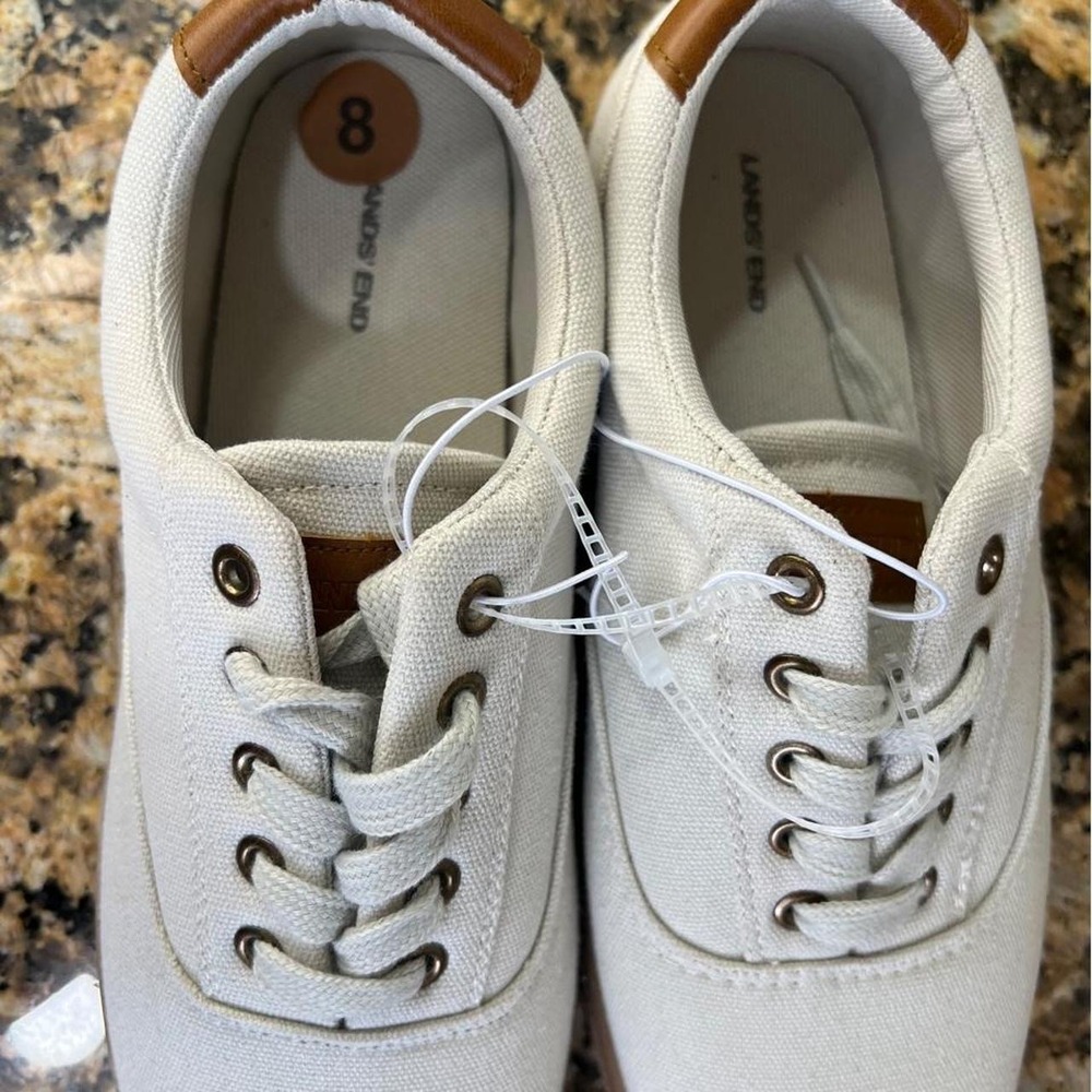 Lands End Womens White Canvas Sneakers Brown Accents Low Top Lace Up Shoes 8